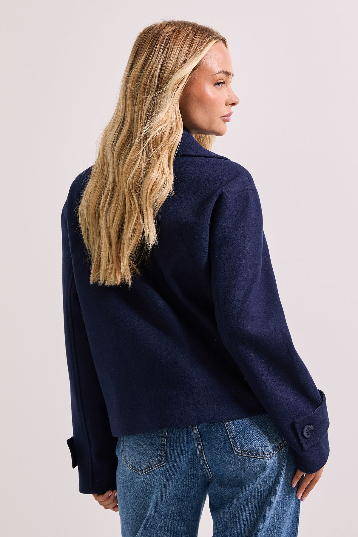 Dorothy Perkins Cuff Detail Wide Collared Short Coat Navy image 3