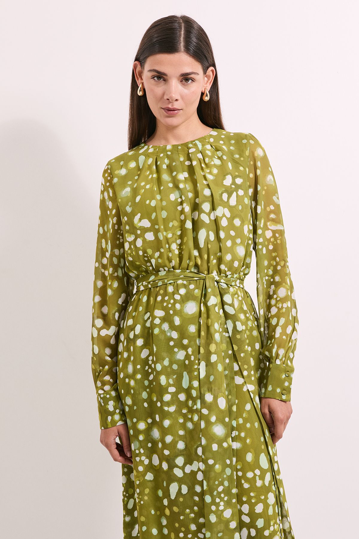 Principles Green Spot Pleat Neck Drape Midi Dress Green image 3