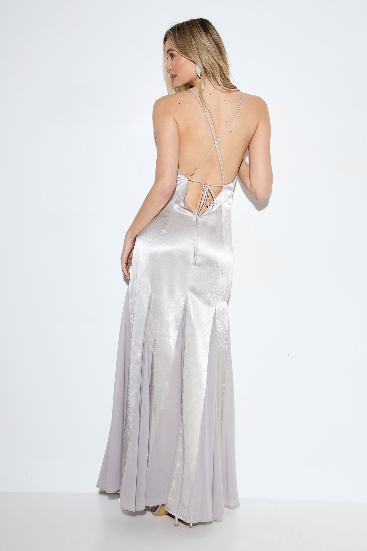 MissPap Premium Satin Georgette Panel Midaxi Bridesmaid Dress Silver image 3