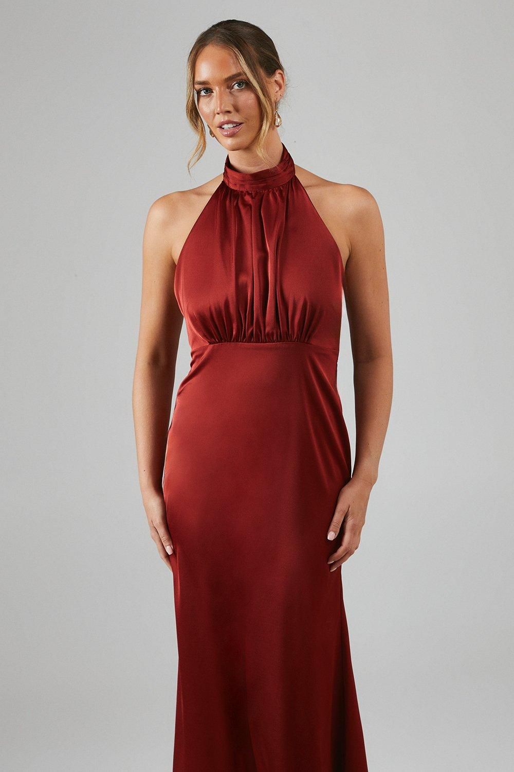 Oasis Satin Halter Bias Cut Maxi Bridesmaid Dress Burnt Orange image 2