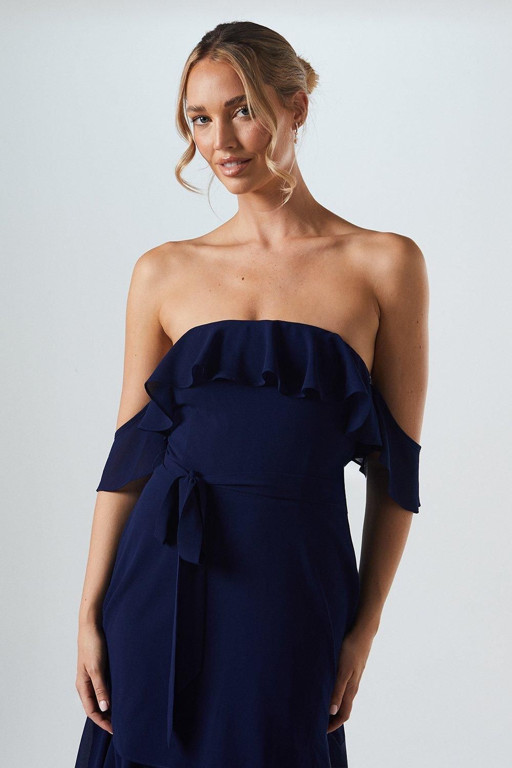 Oasis Bardot Tiered Georgette With Tie Detail Bridesmaid Dress Navy image 4