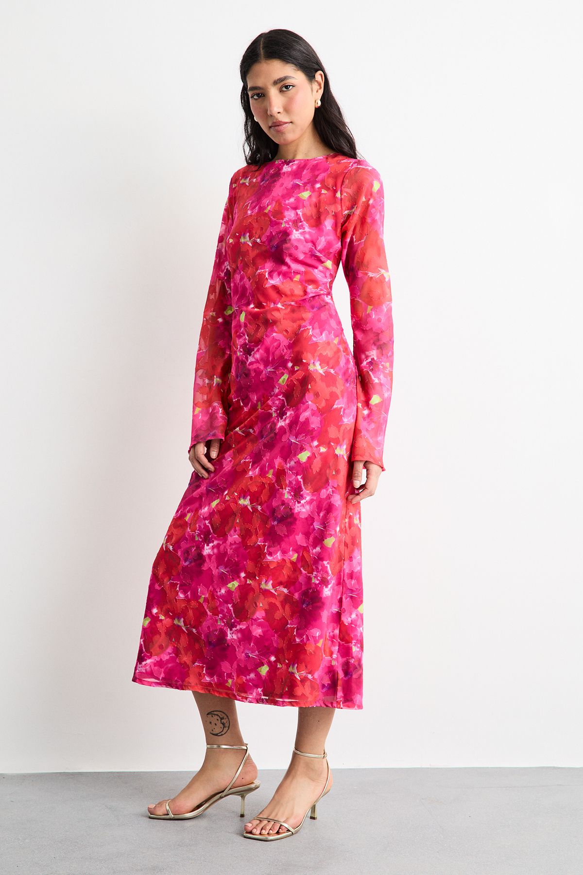 Warehouse Burnout Floral Chiffon Slash Neck Bias Midi Dress Pink image 4