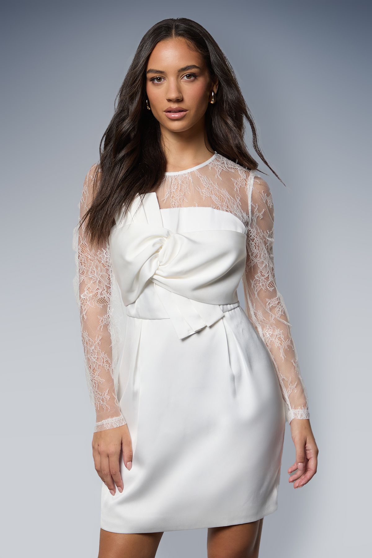 Oasis Lace Sleeve Bow Front Midi Dress Ivory image 2