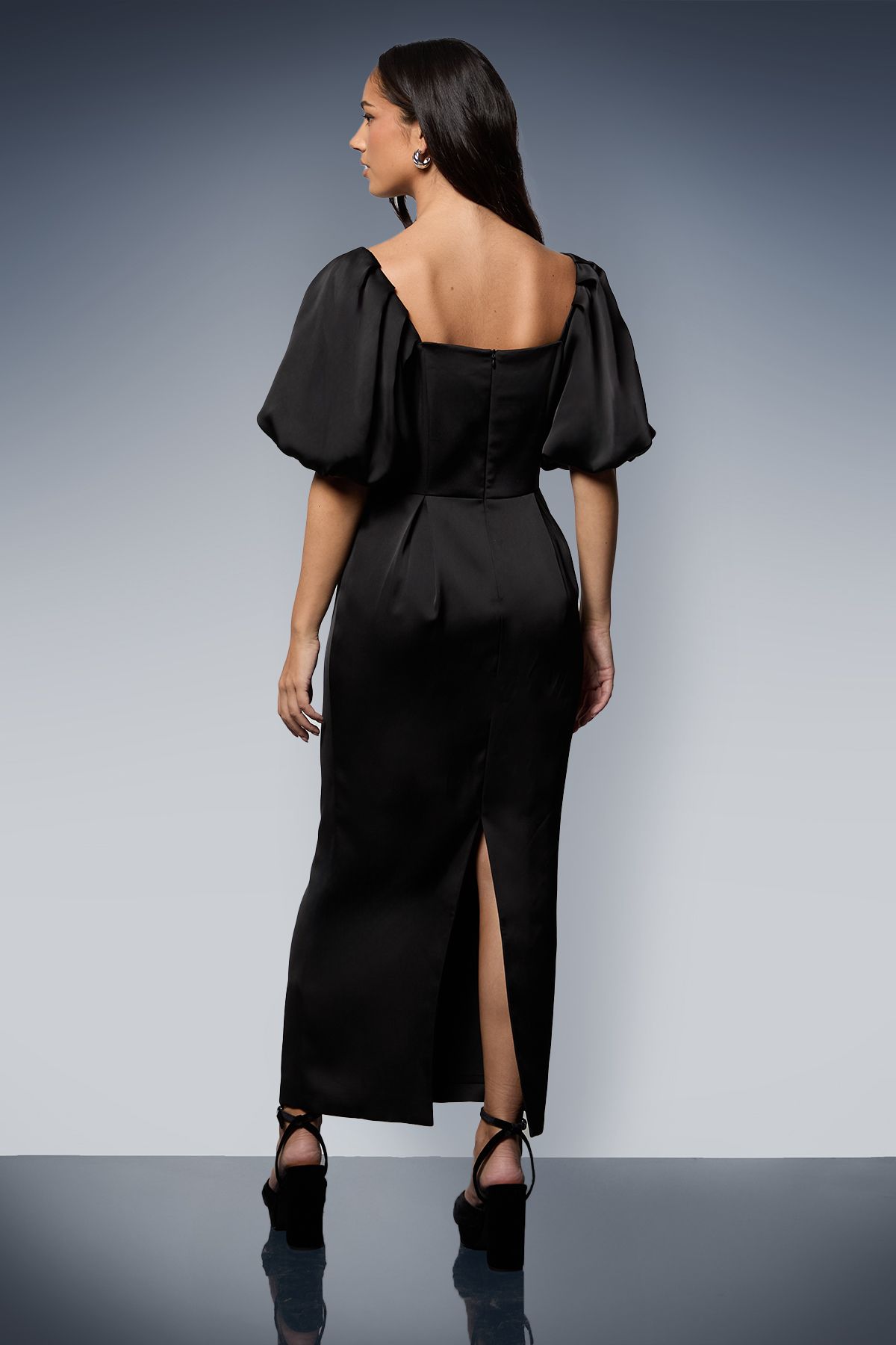 Oasis Satin Bow Front Puff Sleeve Midi Dress Black image 3