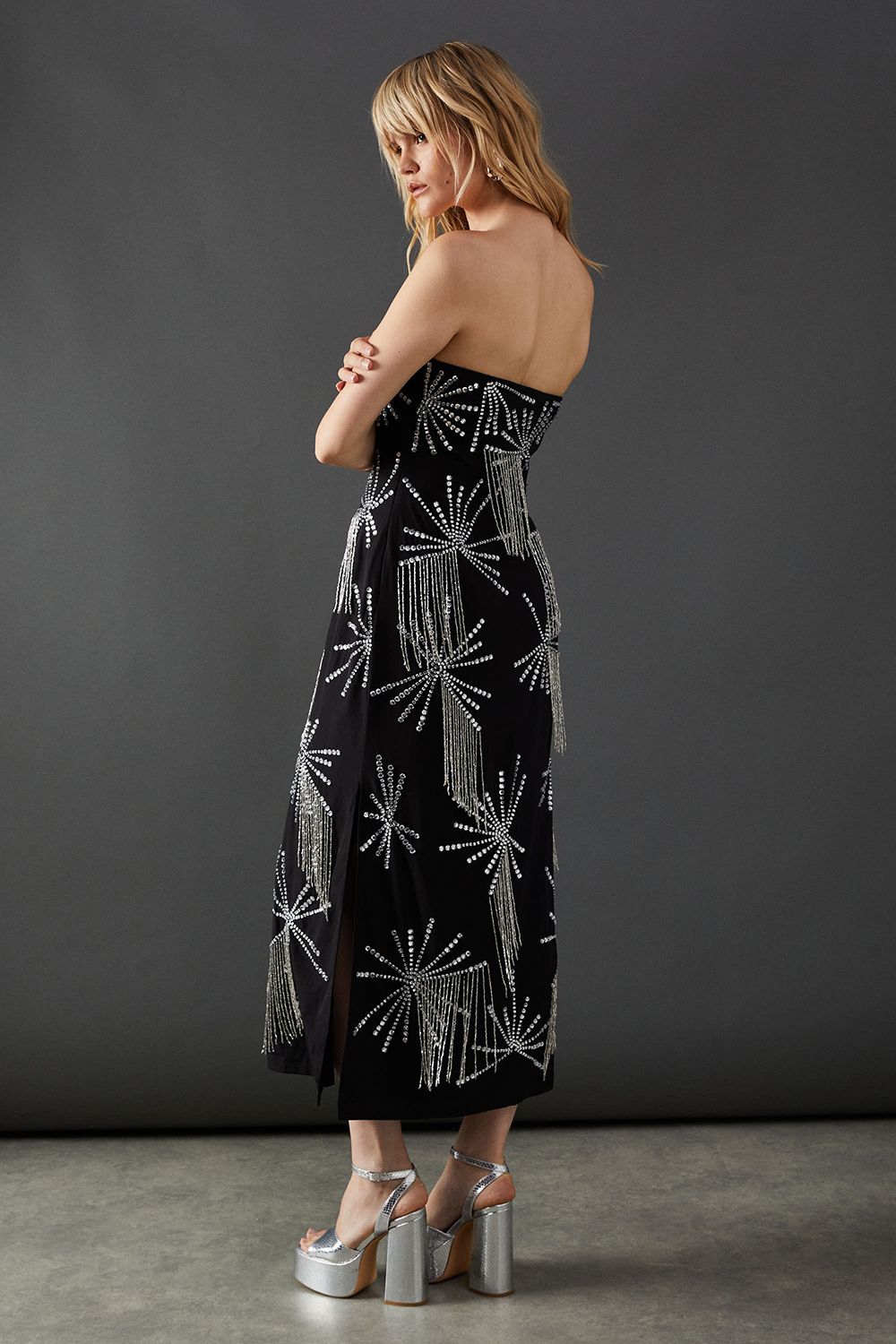 Warehouse Premium Hand Embellished Sequin Bandeau Fringe Starburst Midi Dress Silver image 3