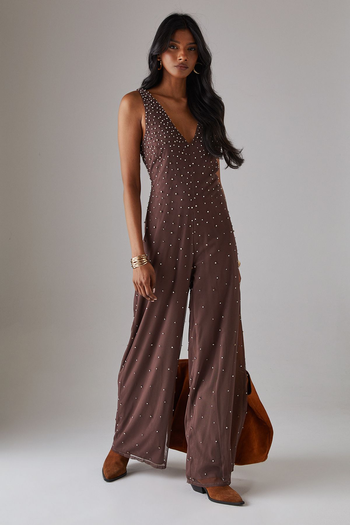 Warehouse Premium Hand Embellished Diamante Sequin Plunge Neck Jumpsuit Chocolate image 1