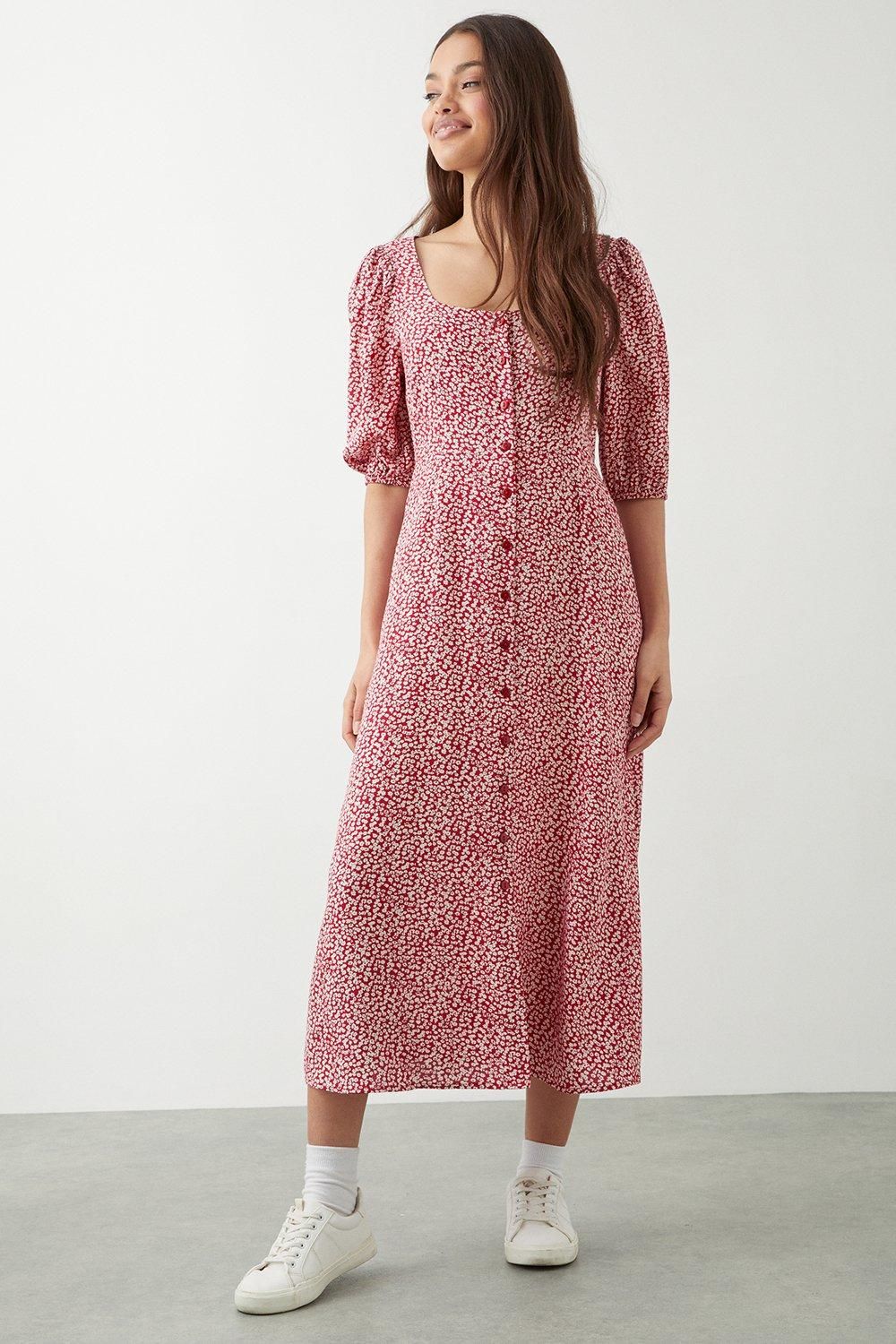 Dorothy Perkins Petite Red Ditsy Floral Button Through Midi Dress Red image 2