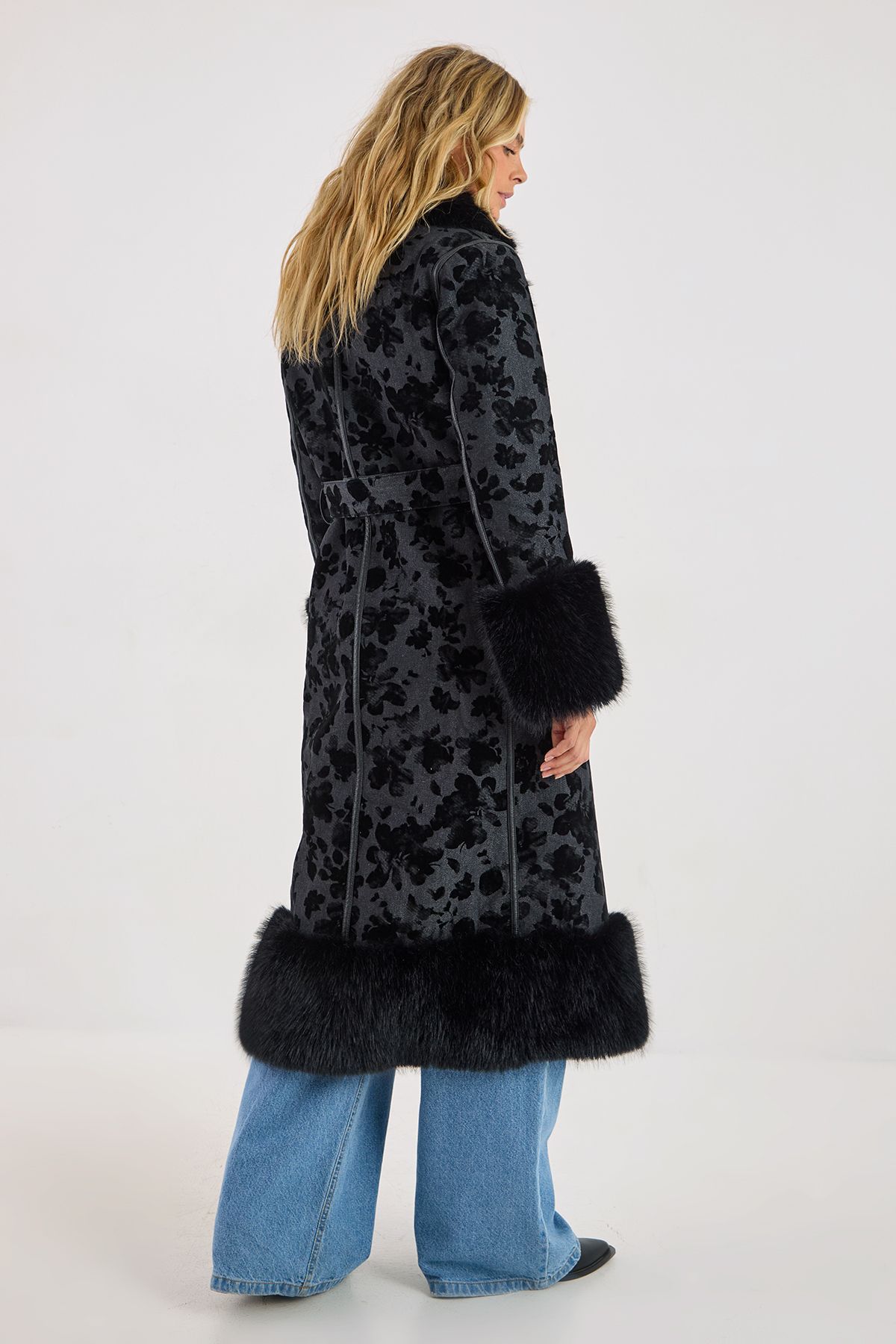 NastyGal Faux Fur Floral Jacquard Maxi Coat Black image 4