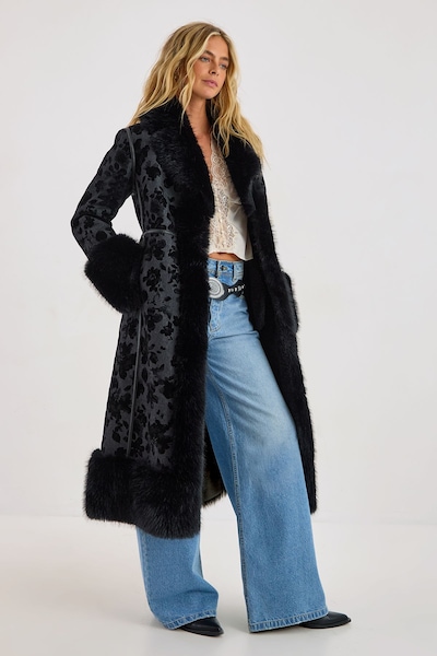 NastyGal Faux Fur Floral Jacquard Maxi Coat Black