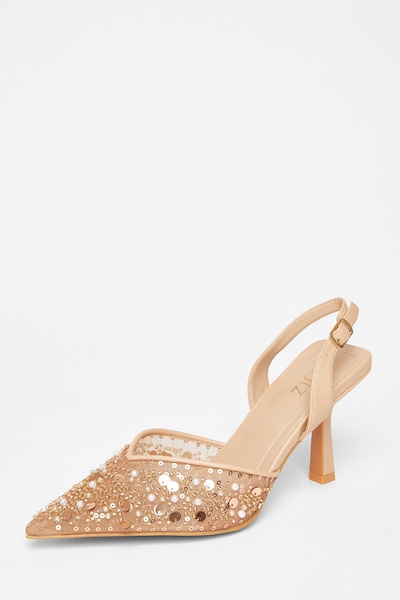 Quiz Nude Sequin Slingback Court Heels