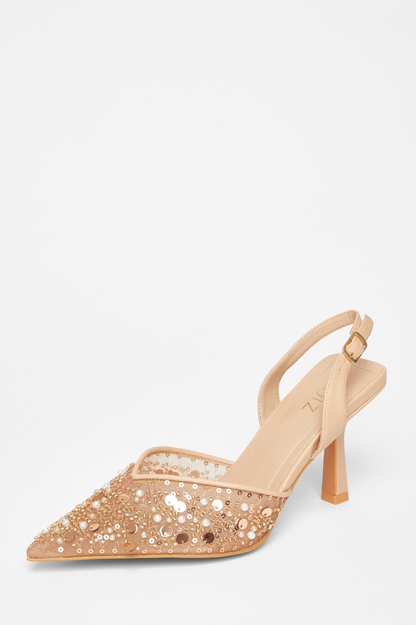 Quiz Nude Sequin Slingback Court Heels