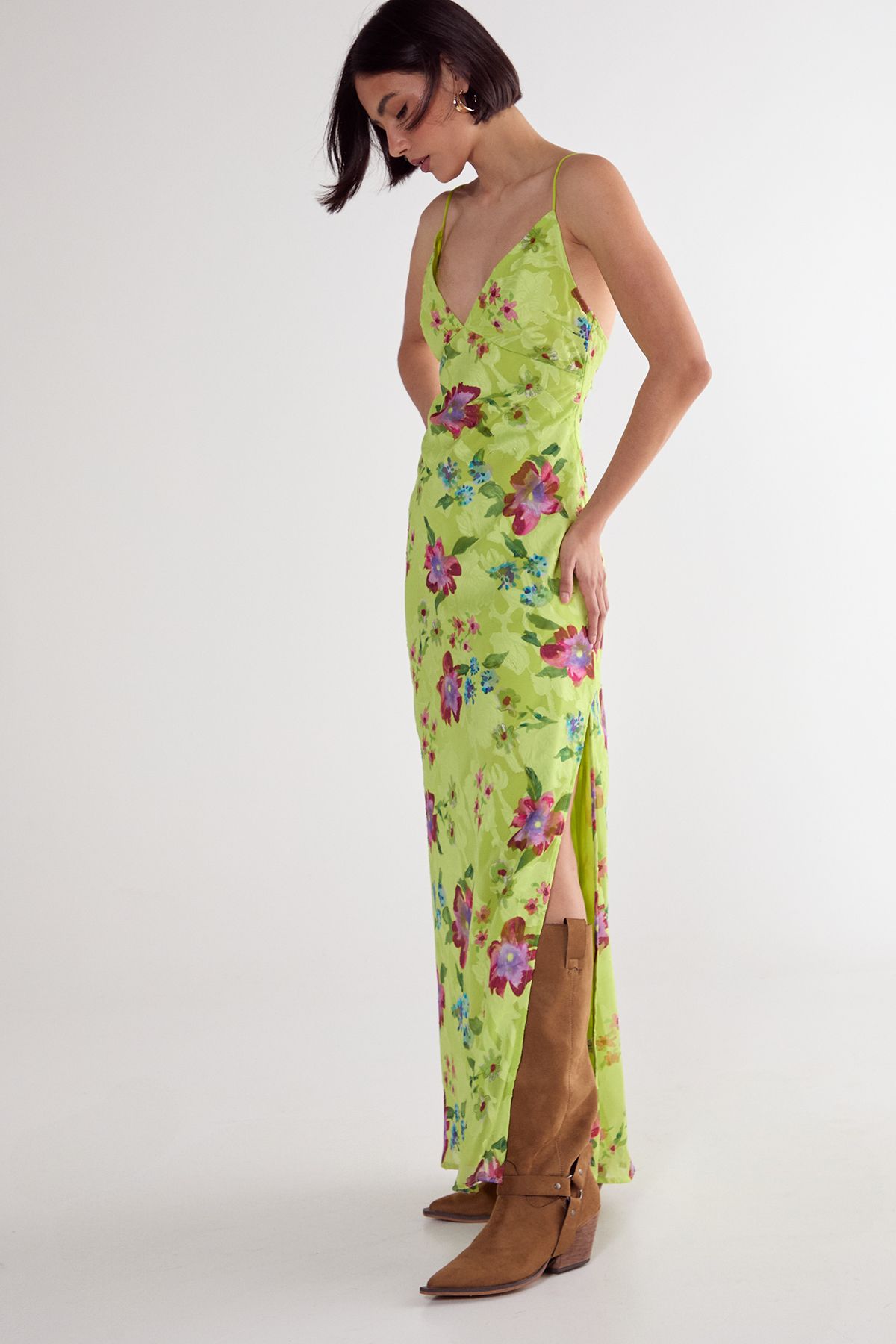 NastyGal Floral Burnout Strappy Tie Back Split Leg Maxi Dress Lime image 3