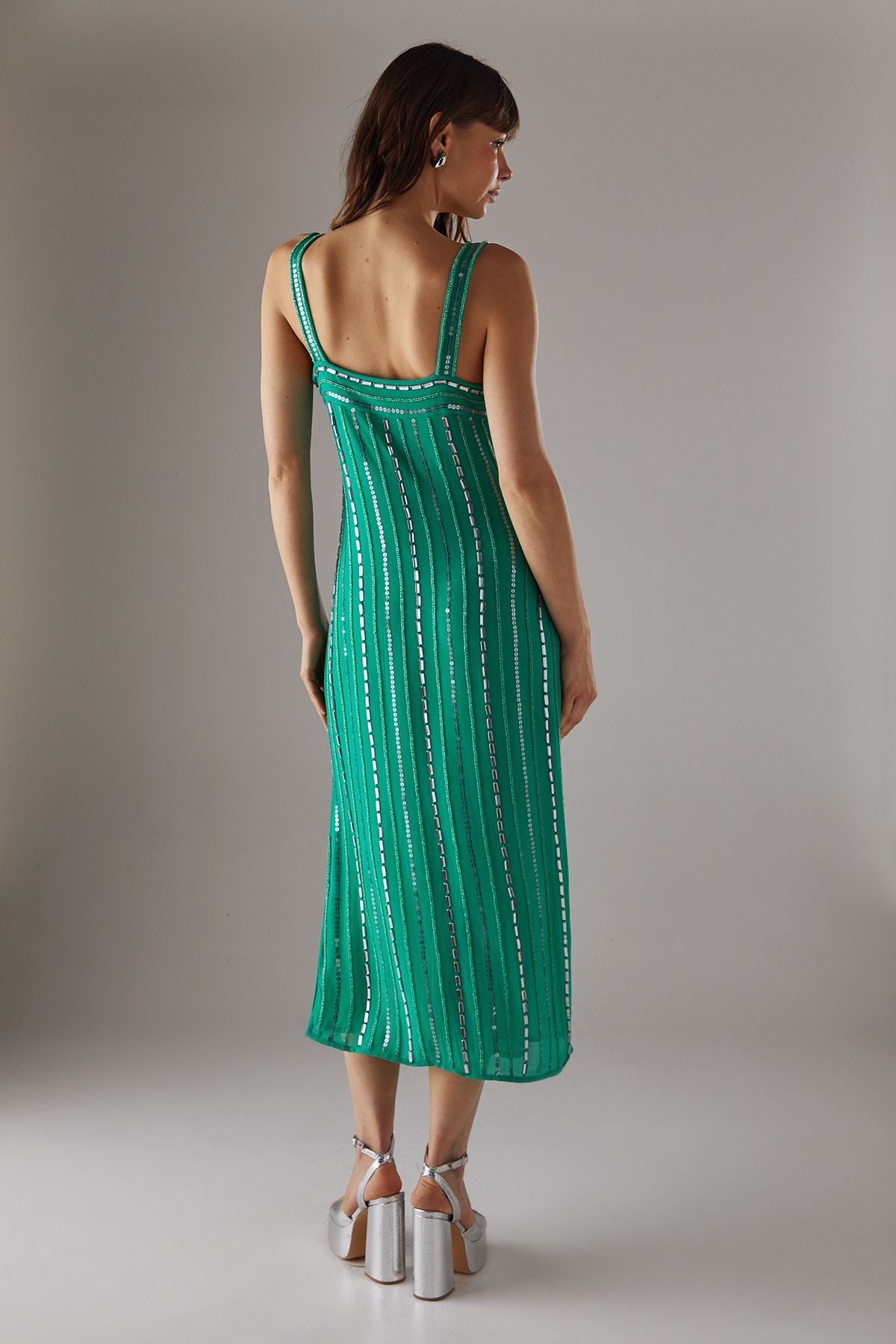 Warehouse Hand Embellished Sequin Square Neck Strappy Midi Dress Green image 3