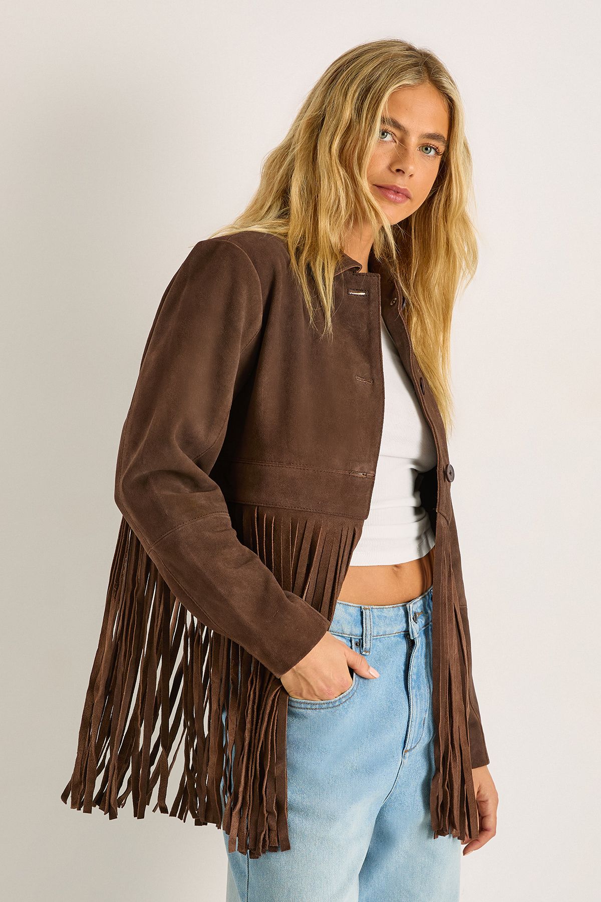 NastyGal Real Suede Fringe Jacket Chocolate image 2