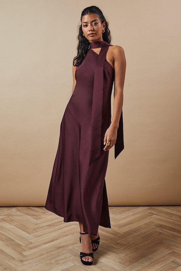 Oasis Petite Occasion Tie Bias Maxi Dress Chocolate