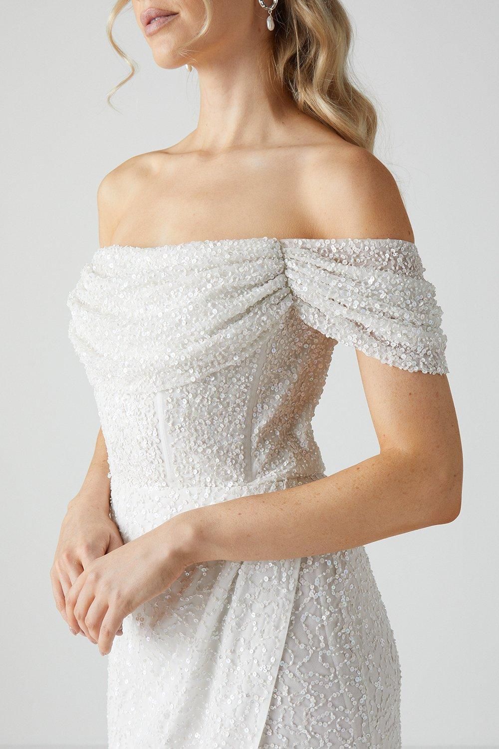 Coast Coast Honoured Sequin Bardot  Wrap Skirt Wedding Dress Ivory image 4