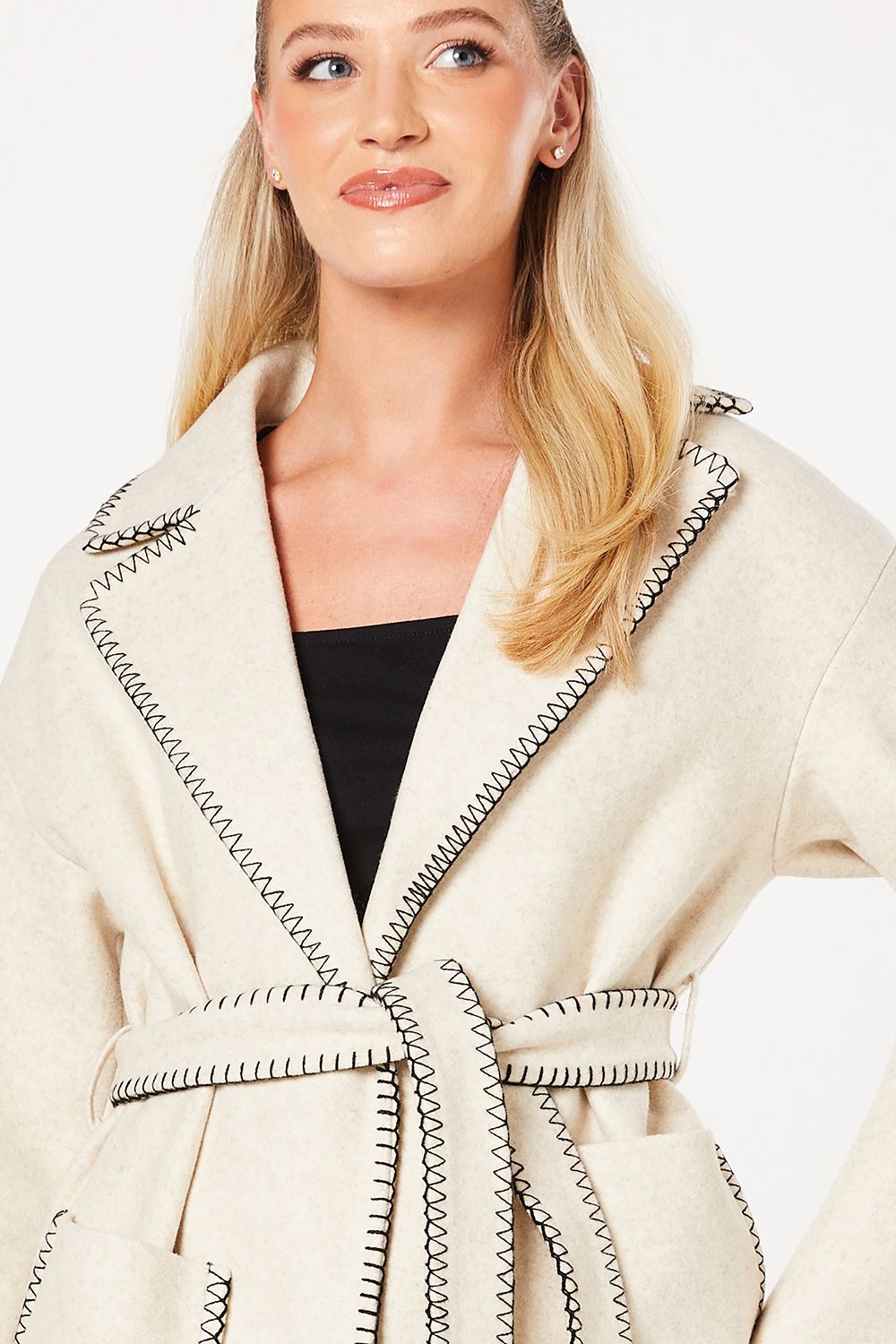 Dorothy Perkins Whipstitch Wrap Midi Coat Cream image 2