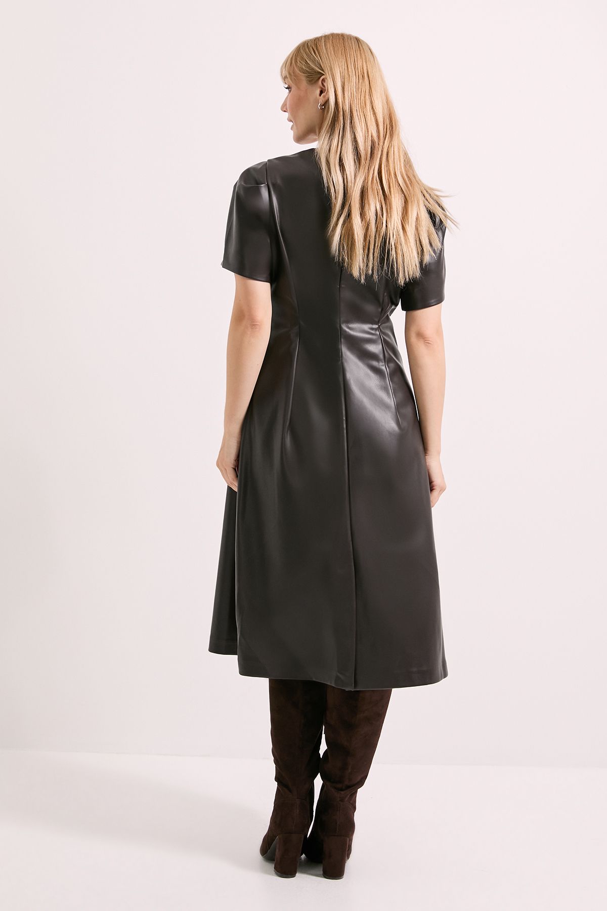 Principles Chocolate V Neck Fit & Flare PU Midi Dress Chocolate image 3