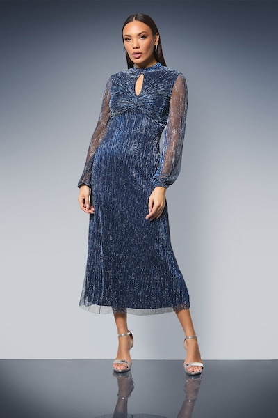 Principles Keyhole Detail Sparkle Plisse Jersey Midi Dress Blue