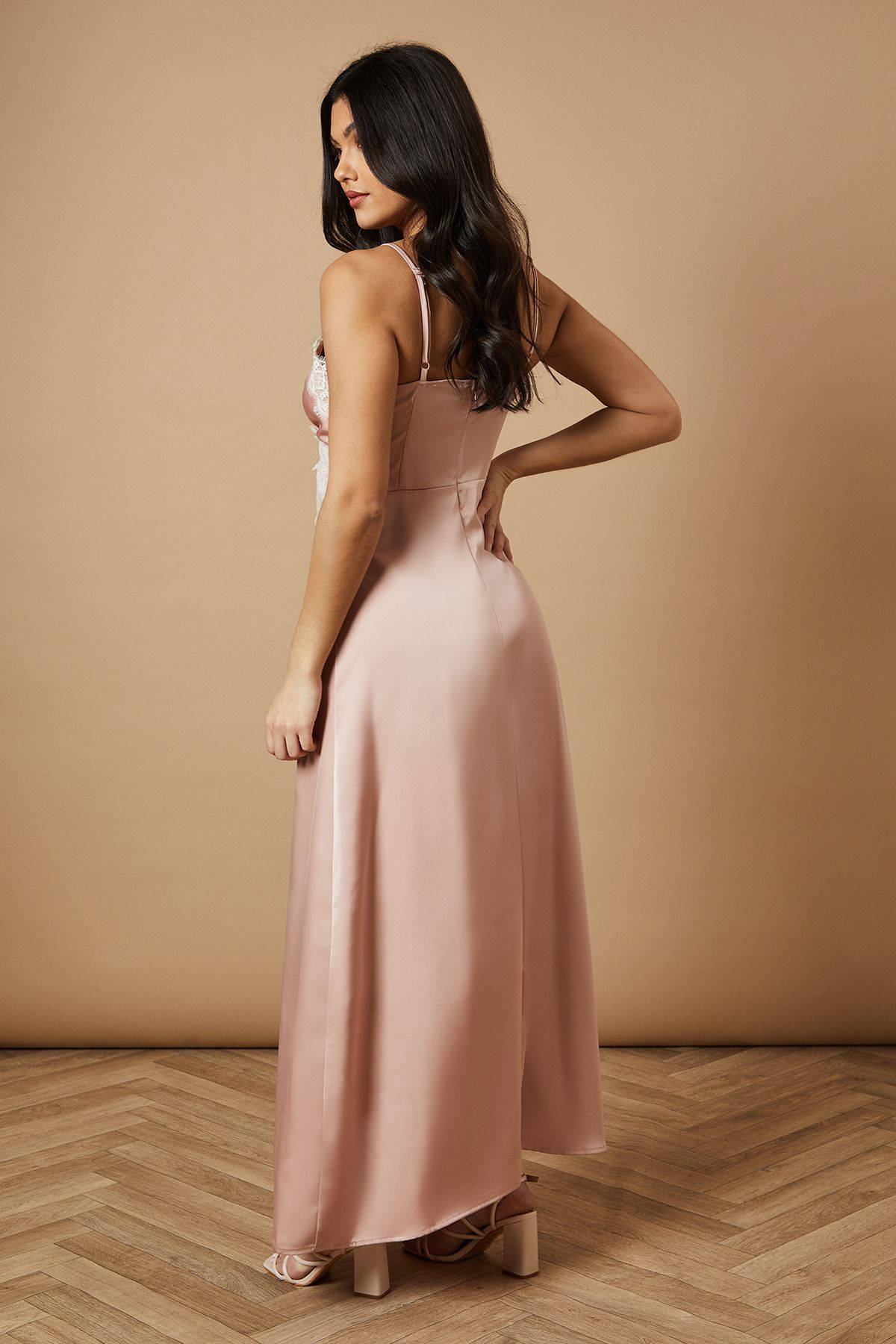 Oasis Satin Lace Detail Strappy Maxi Dress Peach image 3