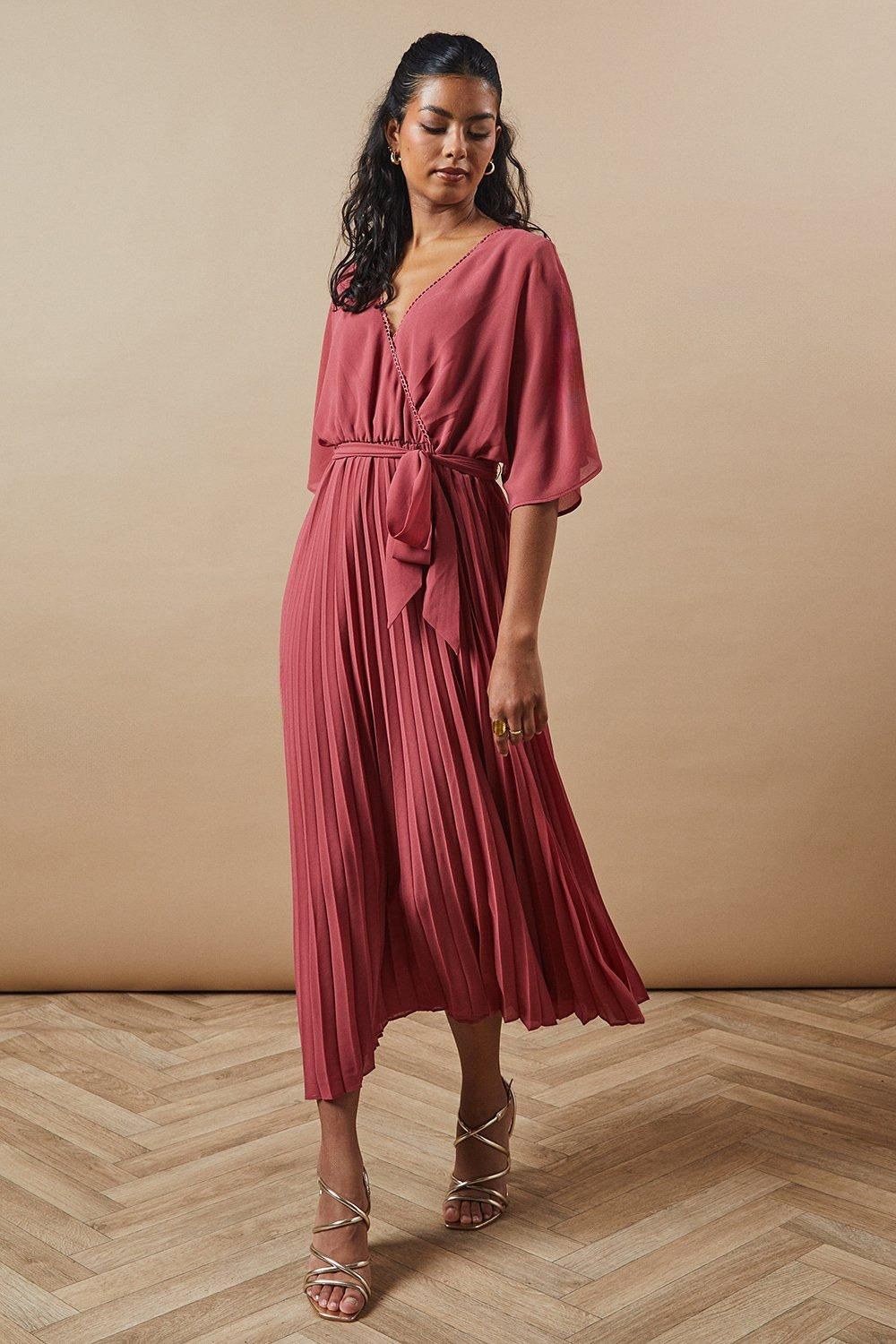 Oasis Petite Occasion Kimono Sleeve Pleated Midi Dress Rose