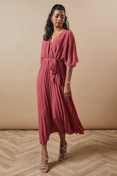Oasis Petite Occasion Kimono Sleeve Pleated Midi Dress Rose