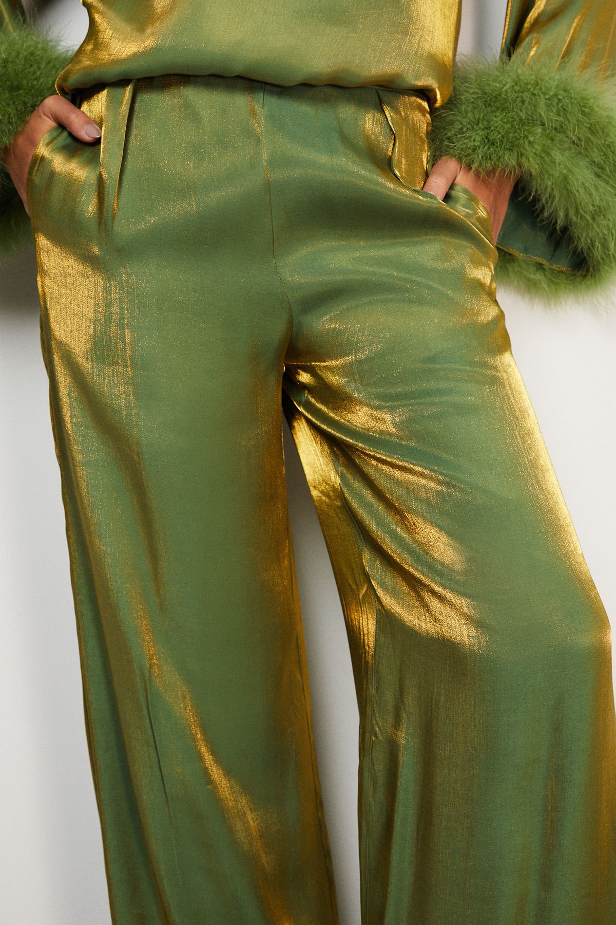 Warehouse Premium Iridescent Feather Cuff Wide Leg Trousers Green image 4