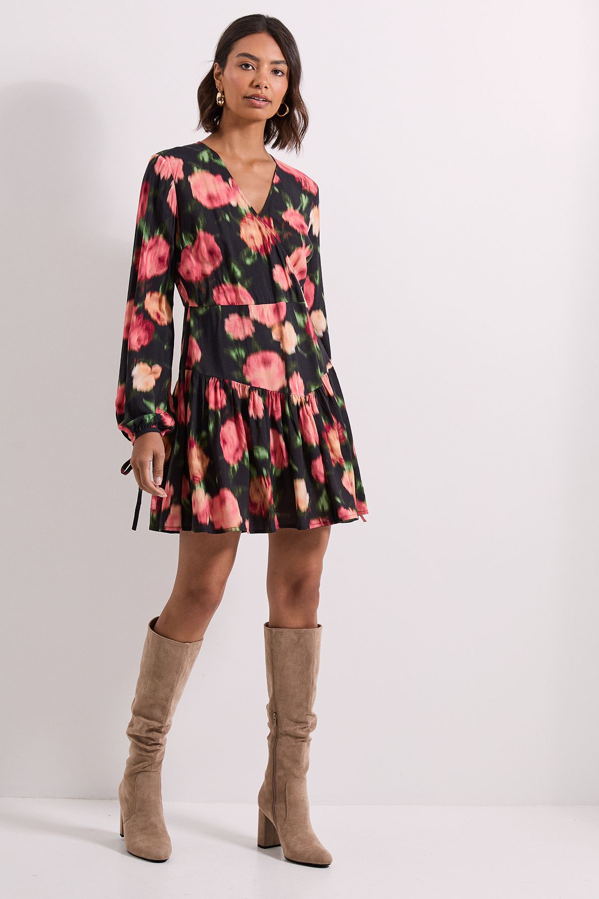 Dorothy Perkins Floral Dropped Seam Detail Wrap Front Mini Dress Floral image 2