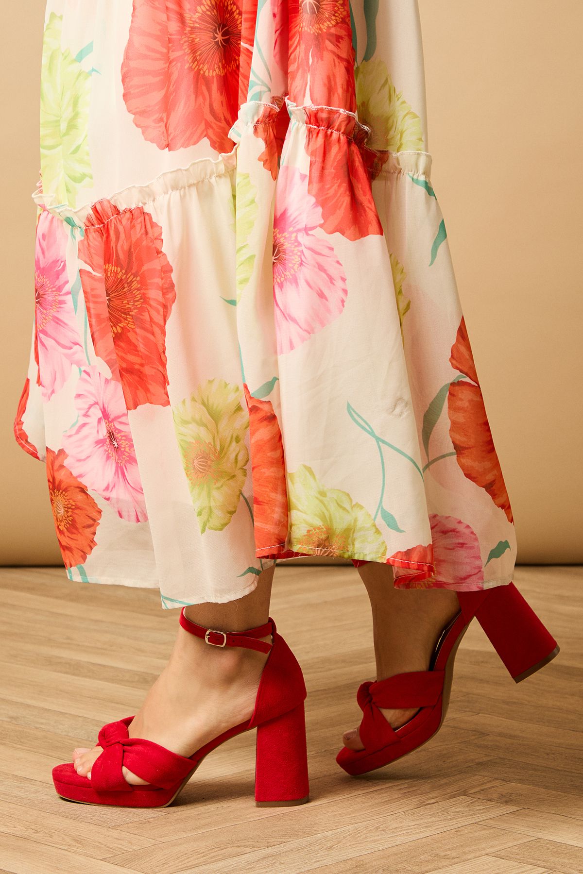 Oasis Narina Faux Suede Knotted Platform High Block Heel Sandals Red image 1