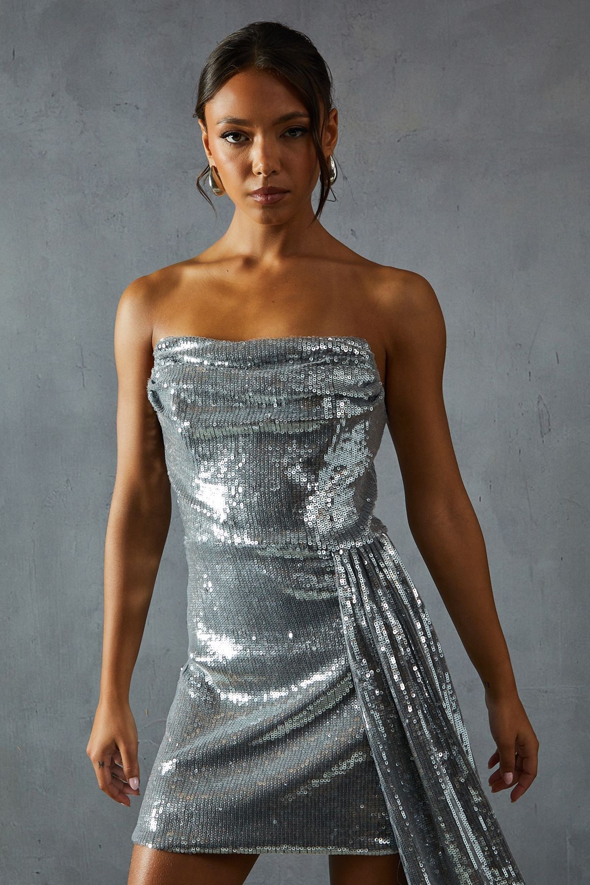 MissPap Sequin Corseted Bandeau Draped Bodycon Mini Dress Grey image 4