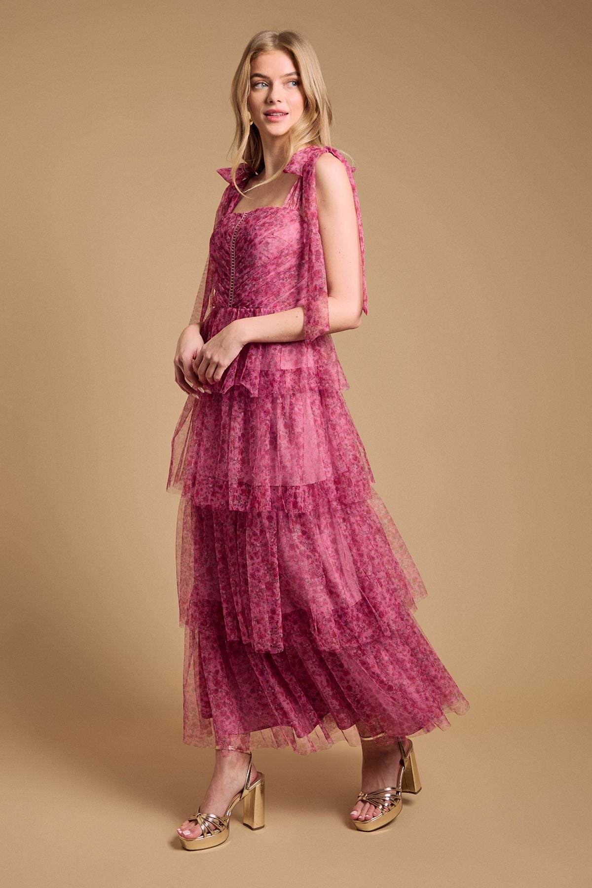 Oasis Tiered Tie Strap Maxi Dress Pink image 1