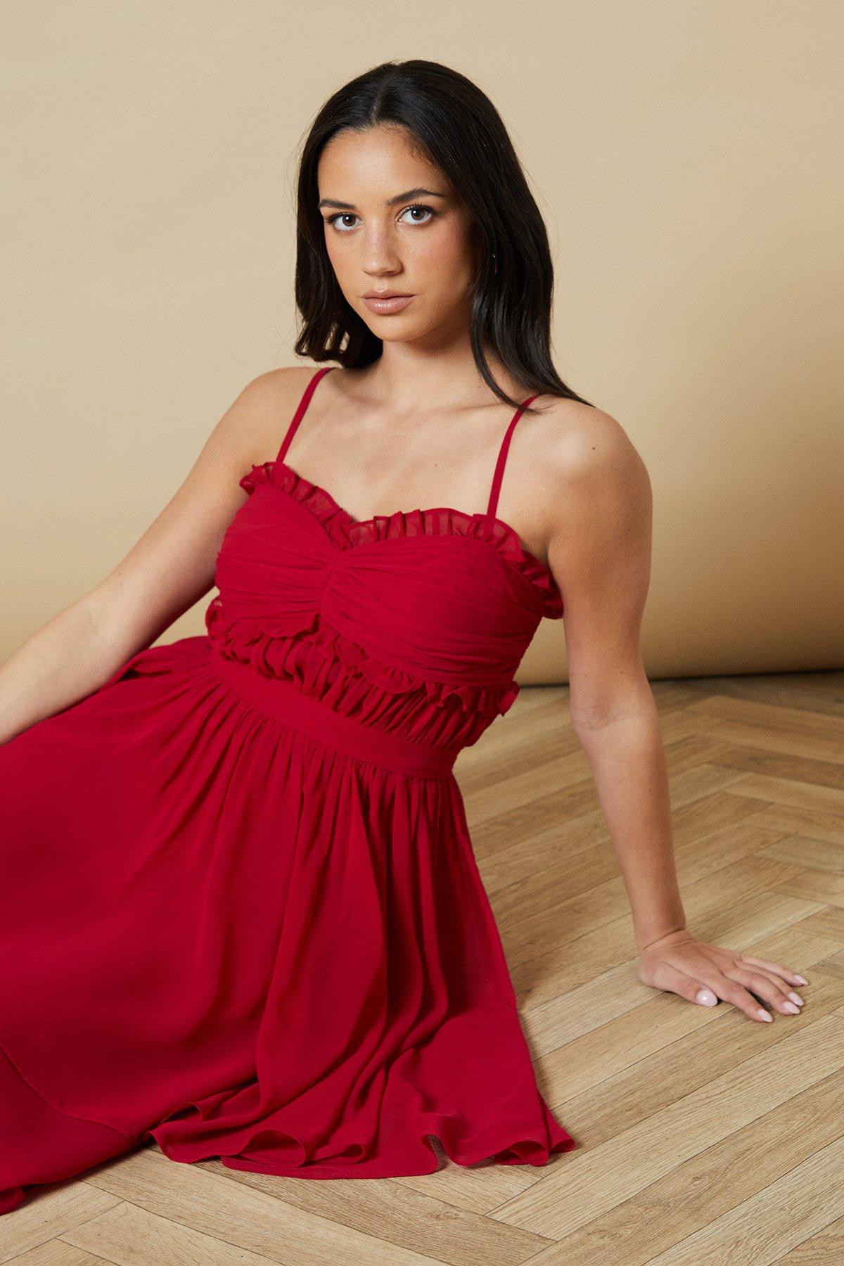 Oasis Strappy Scallop Bust Tiered Midi Dress Red image 4