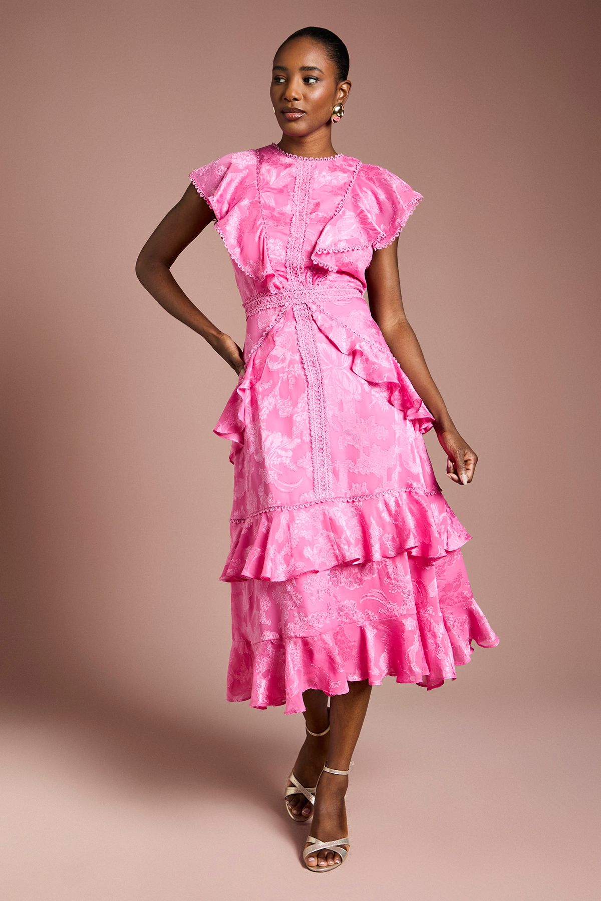Coast Satin Jacquard Ruffle Detail Midi Dress Pink image 1