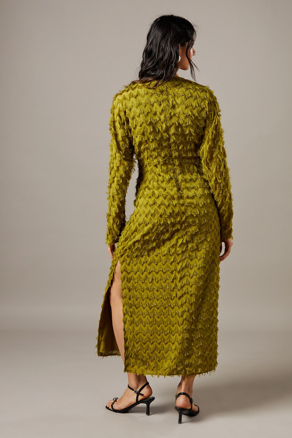 Warehouse Fluffy Plunge Neck Batwing Midi Dress Chartreuse image 3