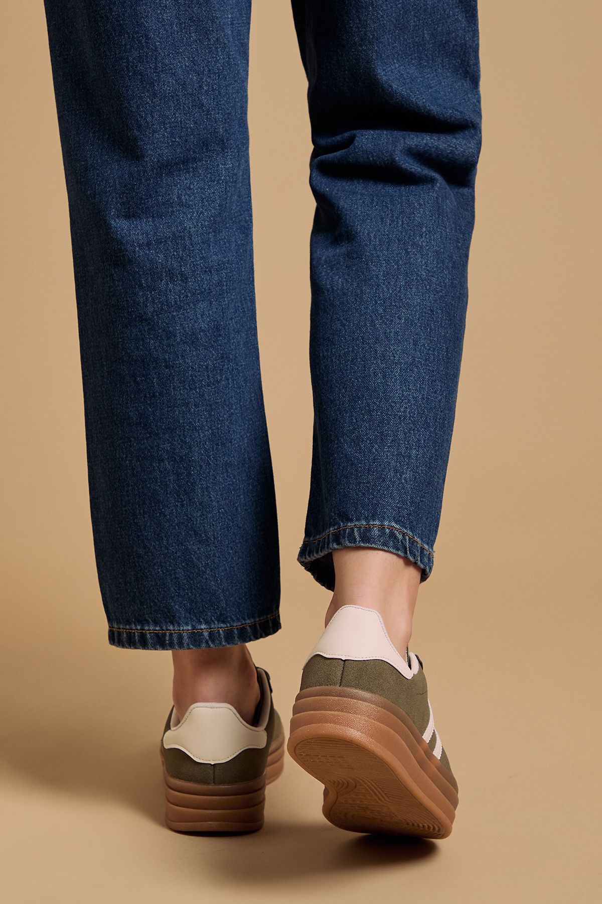 Oasis Issie Faux Suede Lace Up Platform Trainers Khaki image 3