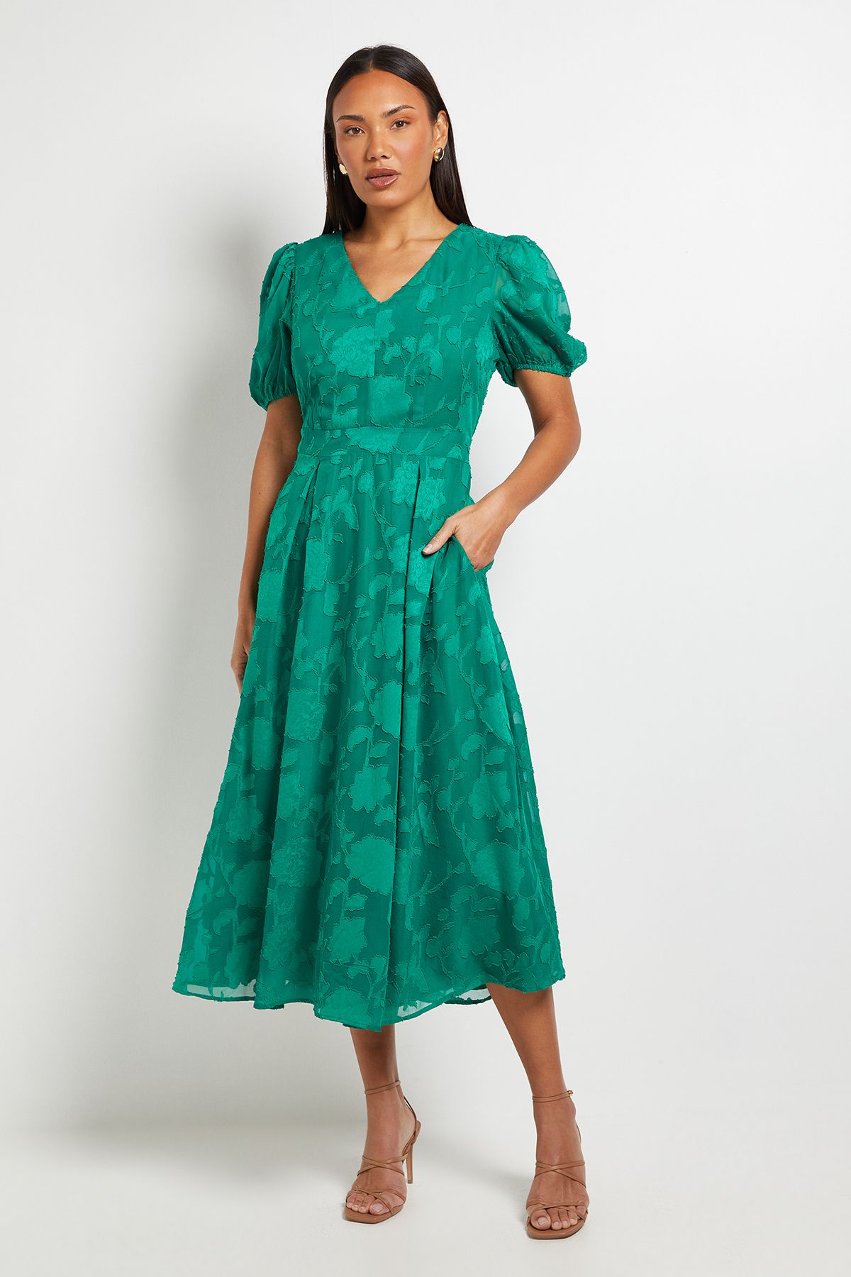 Principles Floral Jacquard Puff Sleeve Midi Dress Bright Green