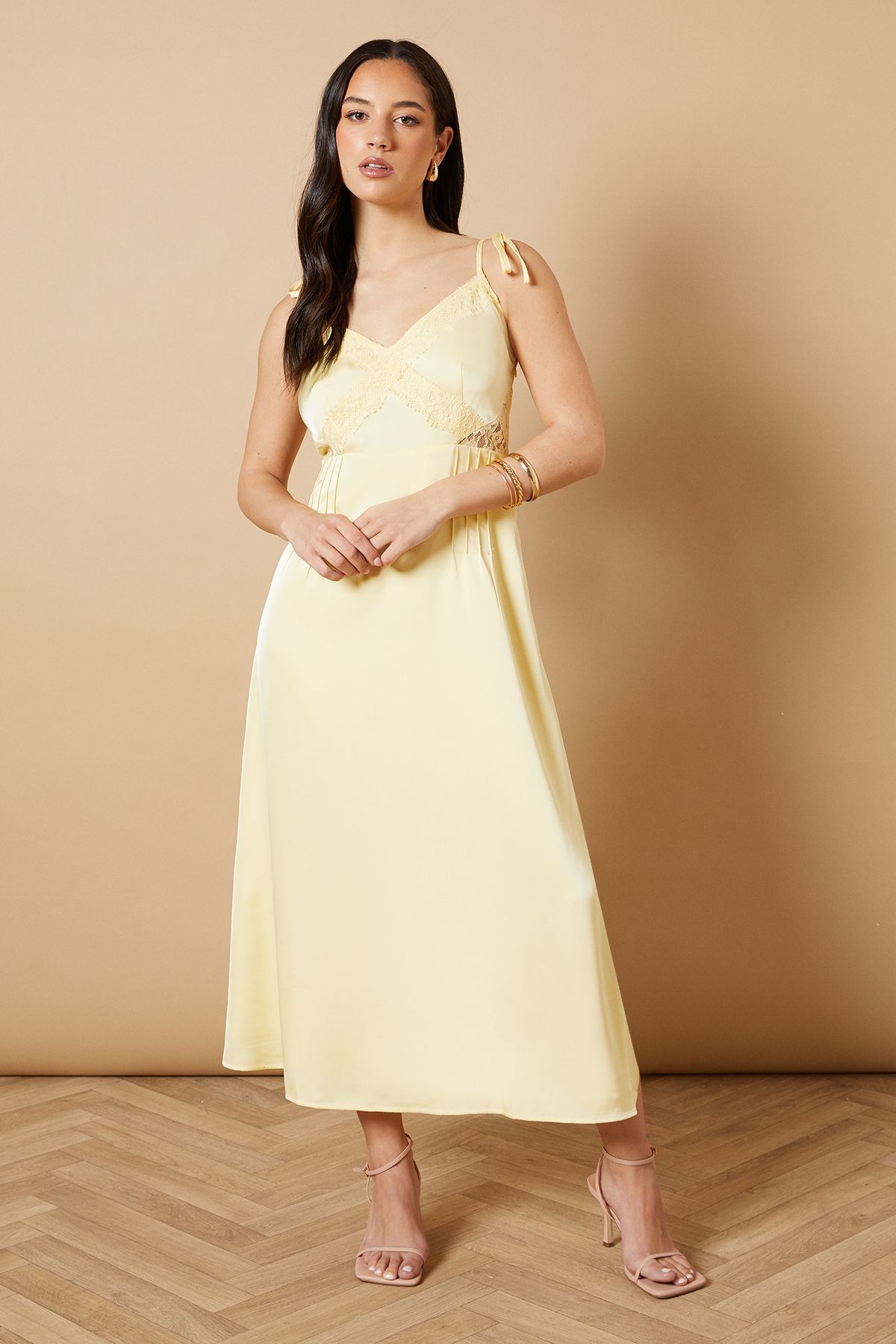 Oasis Strappy Satin Lace Insert Midi Dress Yellow image 1