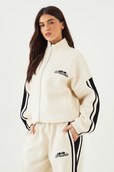 DSGN Studio DSGN Studio Side Stripe Funnel Neck Oversized Bomber Sweatshirt Cream