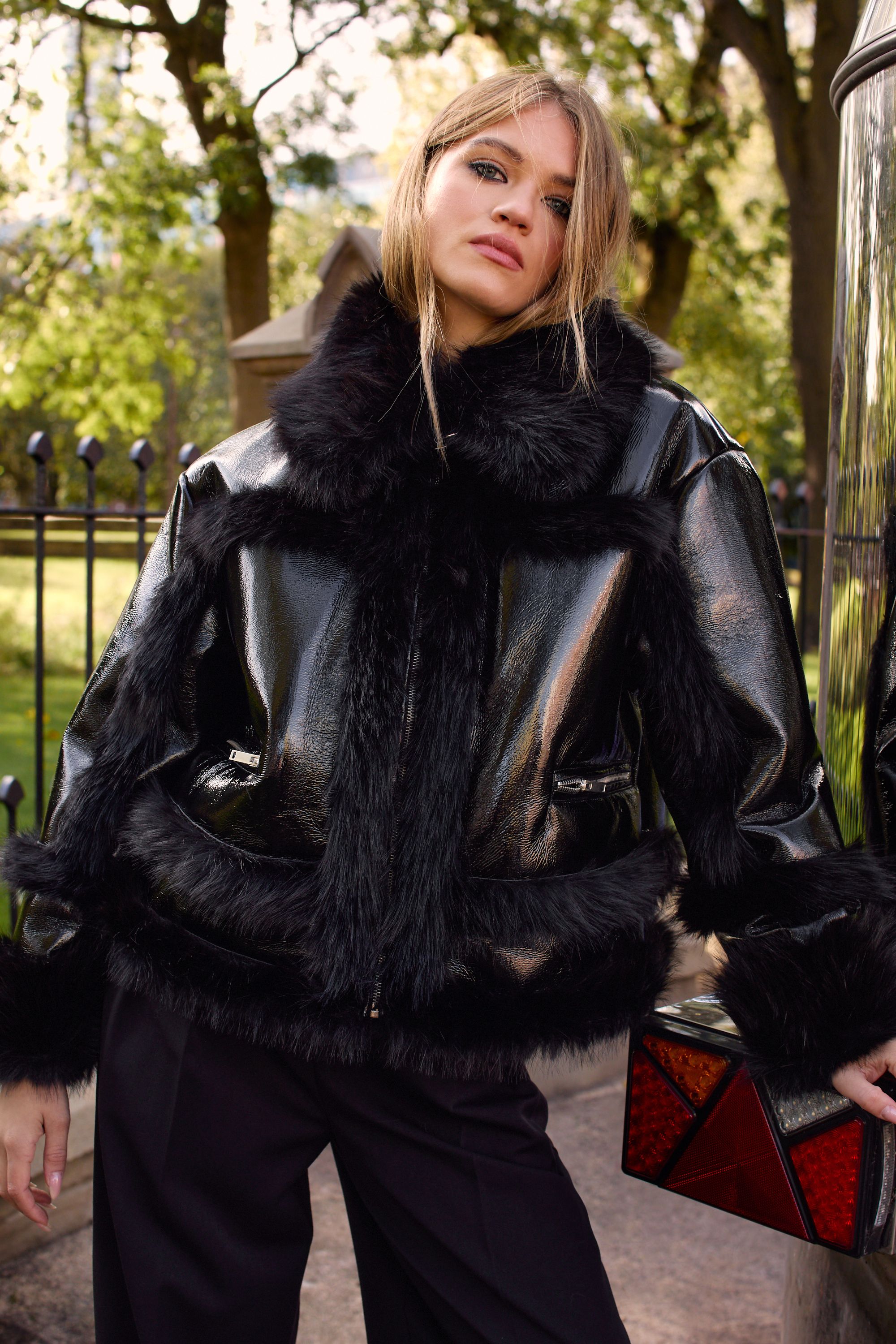 NastyGal Premium Vinyl Plush Fur Buckle Aviator Black image 5