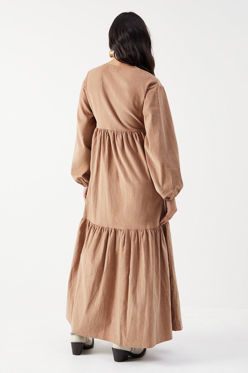 Warehouse Baby Cord Wrap Midi Smock Dress Taupe image 3