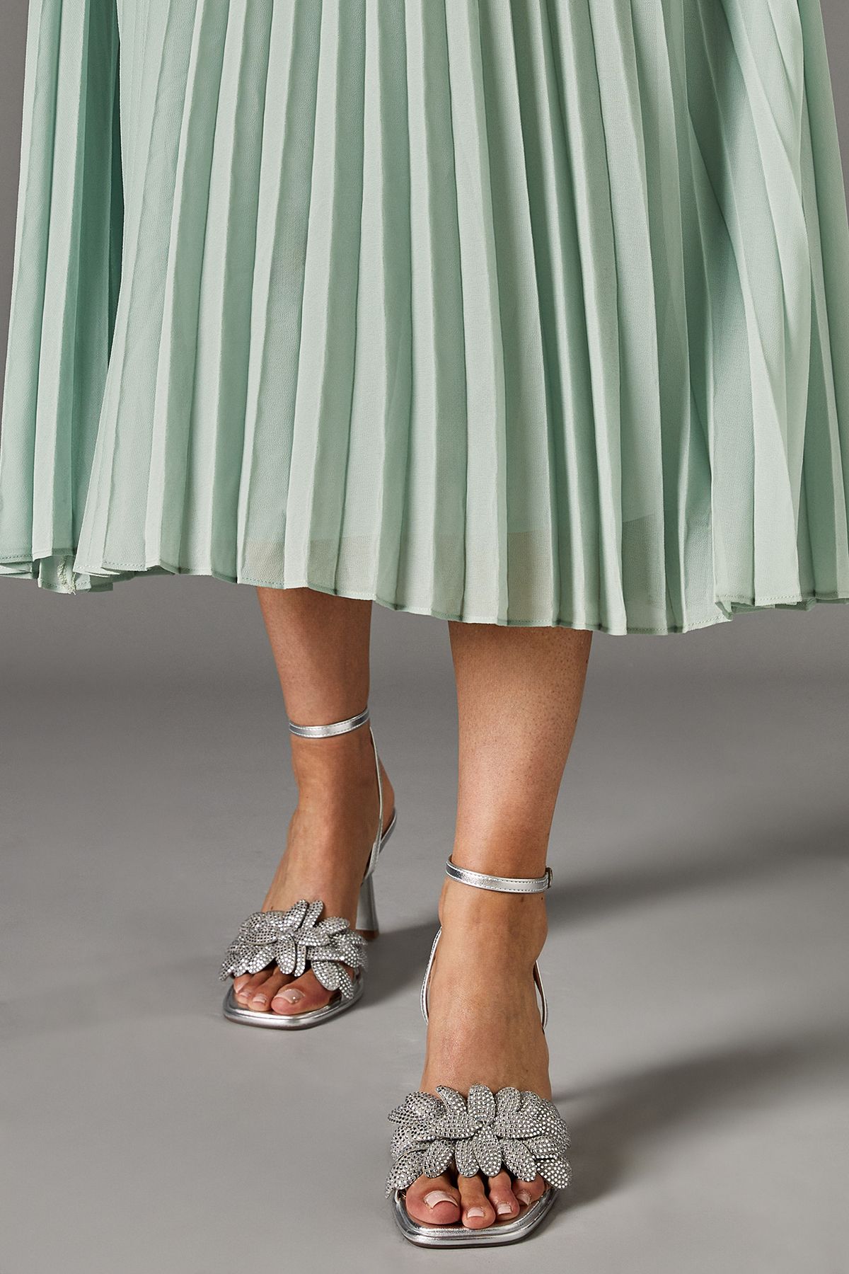 Coast Sandie Faux Metallic Leather Diamante Petal High Heel Platform Sandals Silver image 2