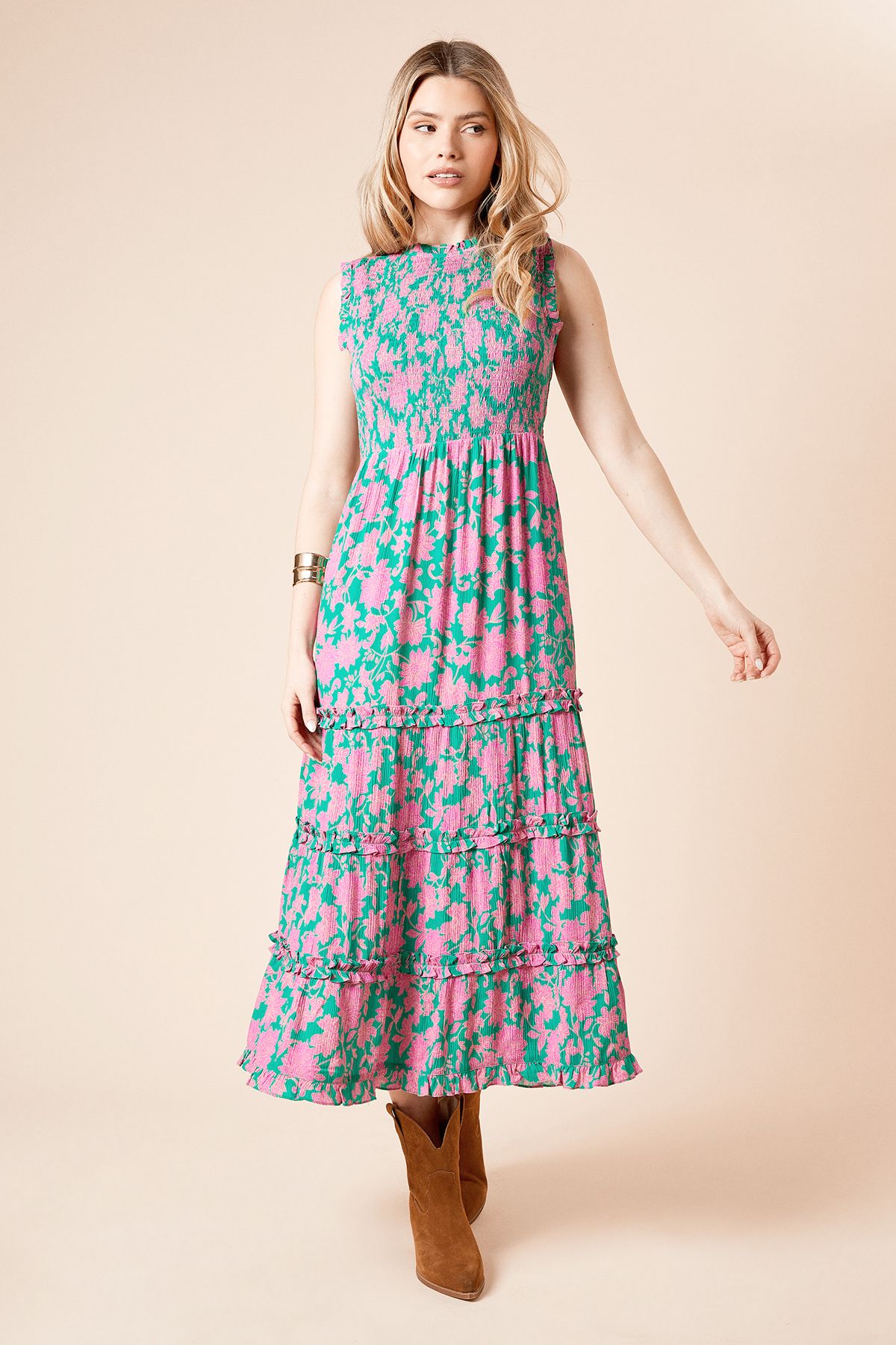 Dorothy Perkins Floral Frill Detail Shirred Bodice Tiered Midi Dress Floral image 1