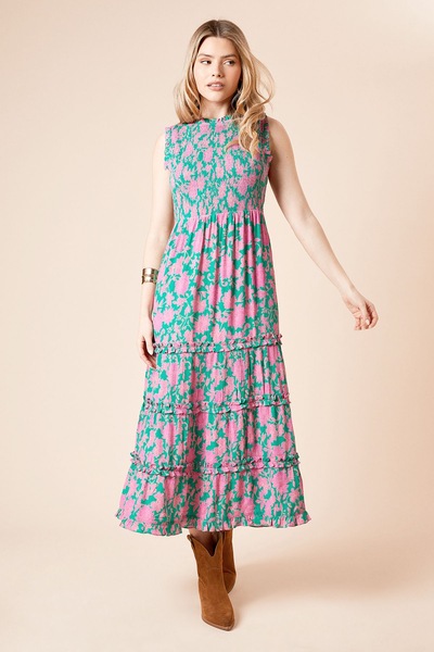 Dorothy Perkins Floral Frill Detail Shirred Bodice Tiered Midi Dress Floral