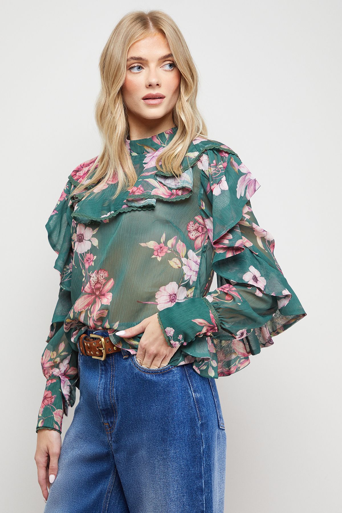 Oasis Printed Frill Yoke High Neck Blouse Multi