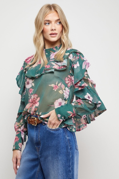 Oasis Printed Frill Yoke High Neck Blouse Multi