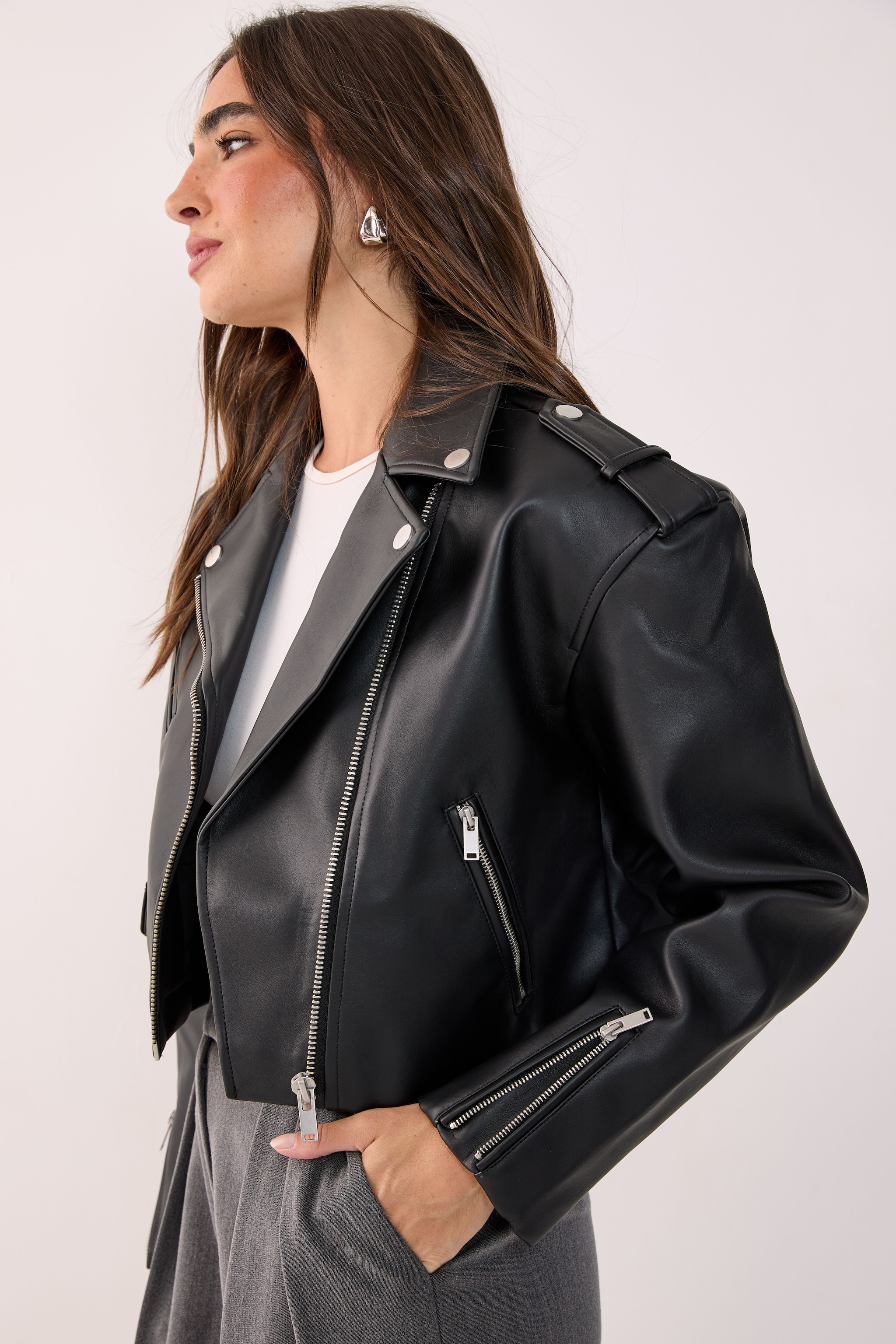 NastyGal Essentials Cropped Faux Leather Boxy Biker Black image 3