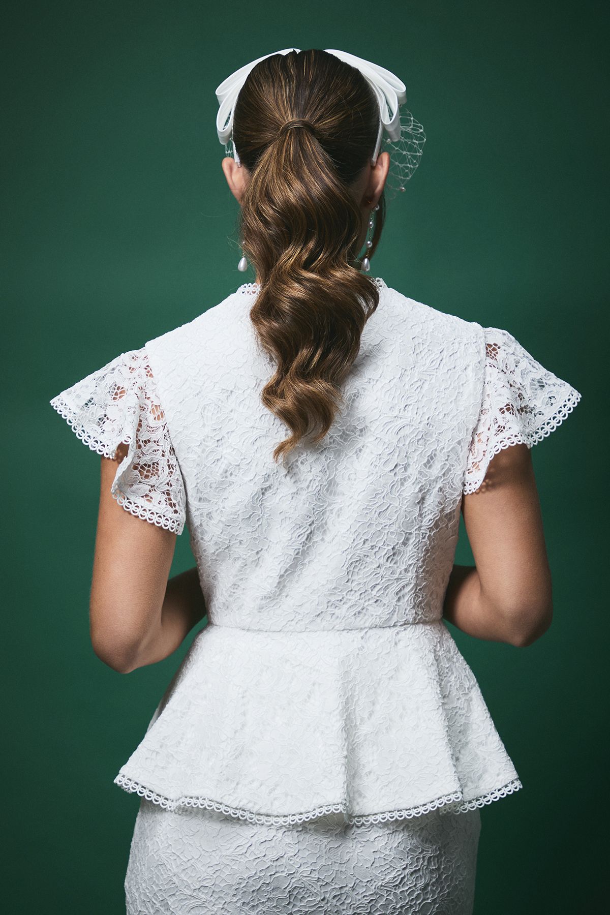 Coast Lisa Tan Textured Sequin Lace with Peplum Hem and Flutter Sleeve Bridal Top Ivory image 3