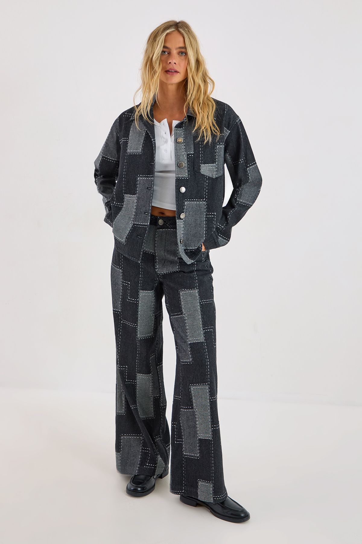 NastyGal Patchwork Denim Long Sleeve Oversized Shirt Black image 2