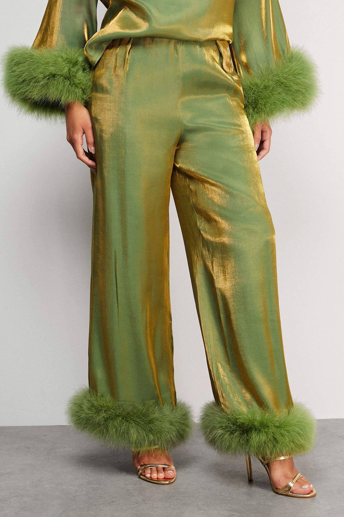 Warehouse Premium Iridescent Feather Cuff Wide Leg Trousers Green image 2