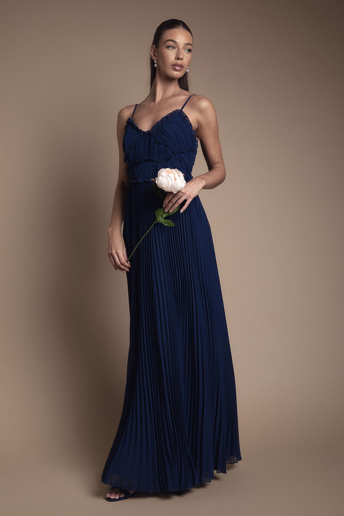 Oasis Oasis By Coast Strappy Pleated Bridesmaid Dress With Ruffle Detail Navy